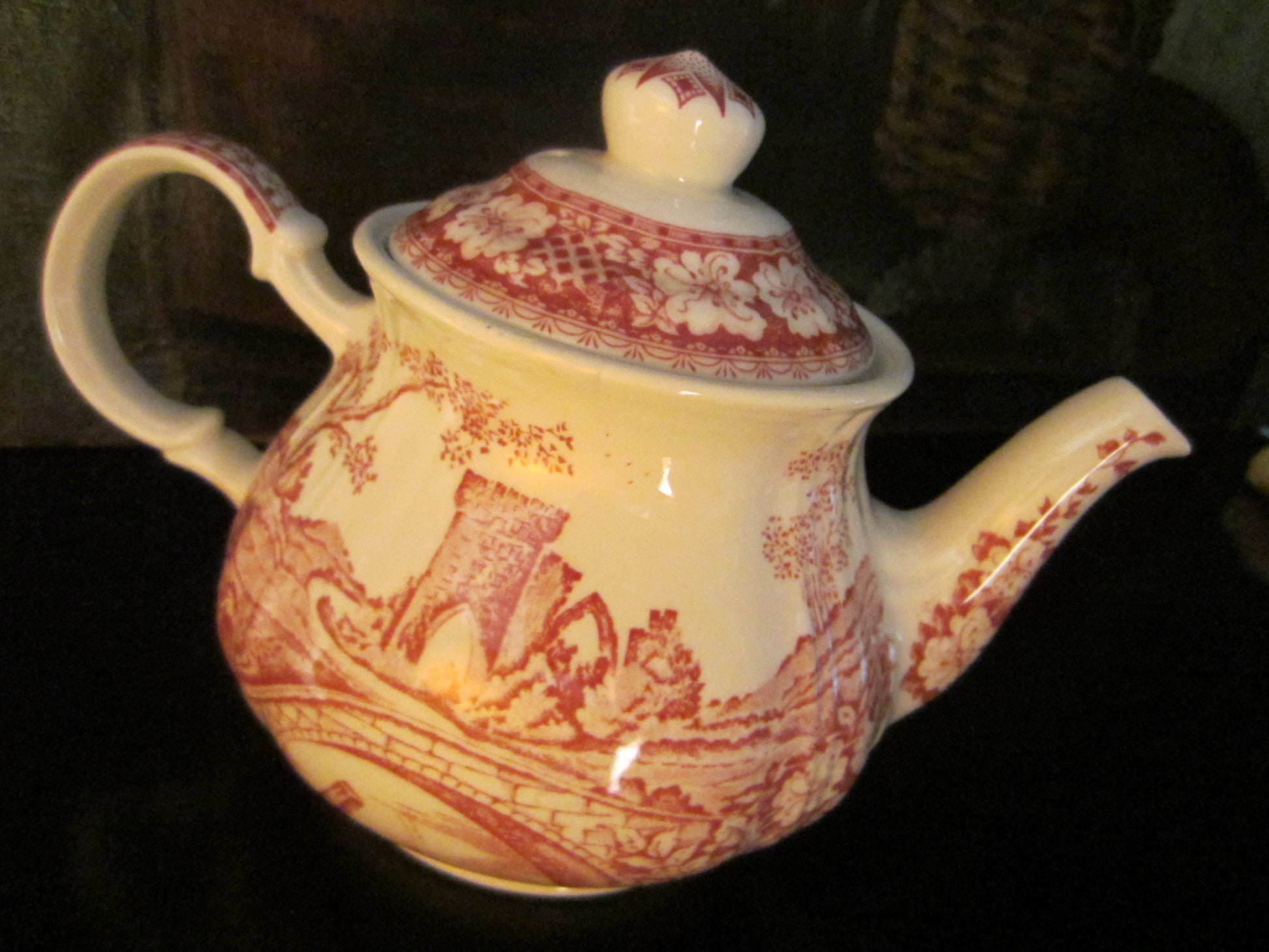 Sadler Windsor England Bisque Teapot Red Countryside Scenery - Designer Unique Finds 