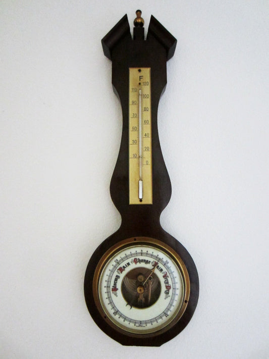 Banjo Style Mahogany Wall Barometer Thermometer Western Germany - Designer Unique Finds 
 - 1