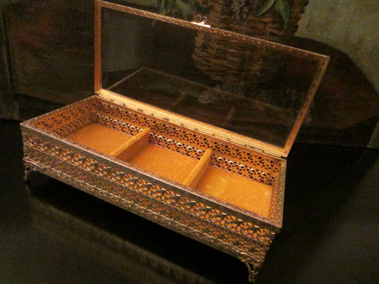 Ormolu Filigree Jewelry Box Mid Century Brass Sectional Beveled Glass - Designer Unique Finds 