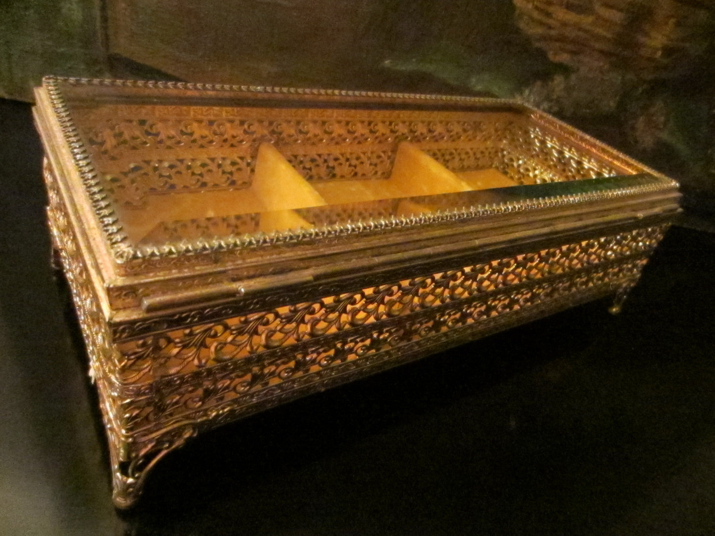 Ormolu Filigree Jewelry Box Mid Century Brass Sectional Beveled Glass - Designer Unique Finds 