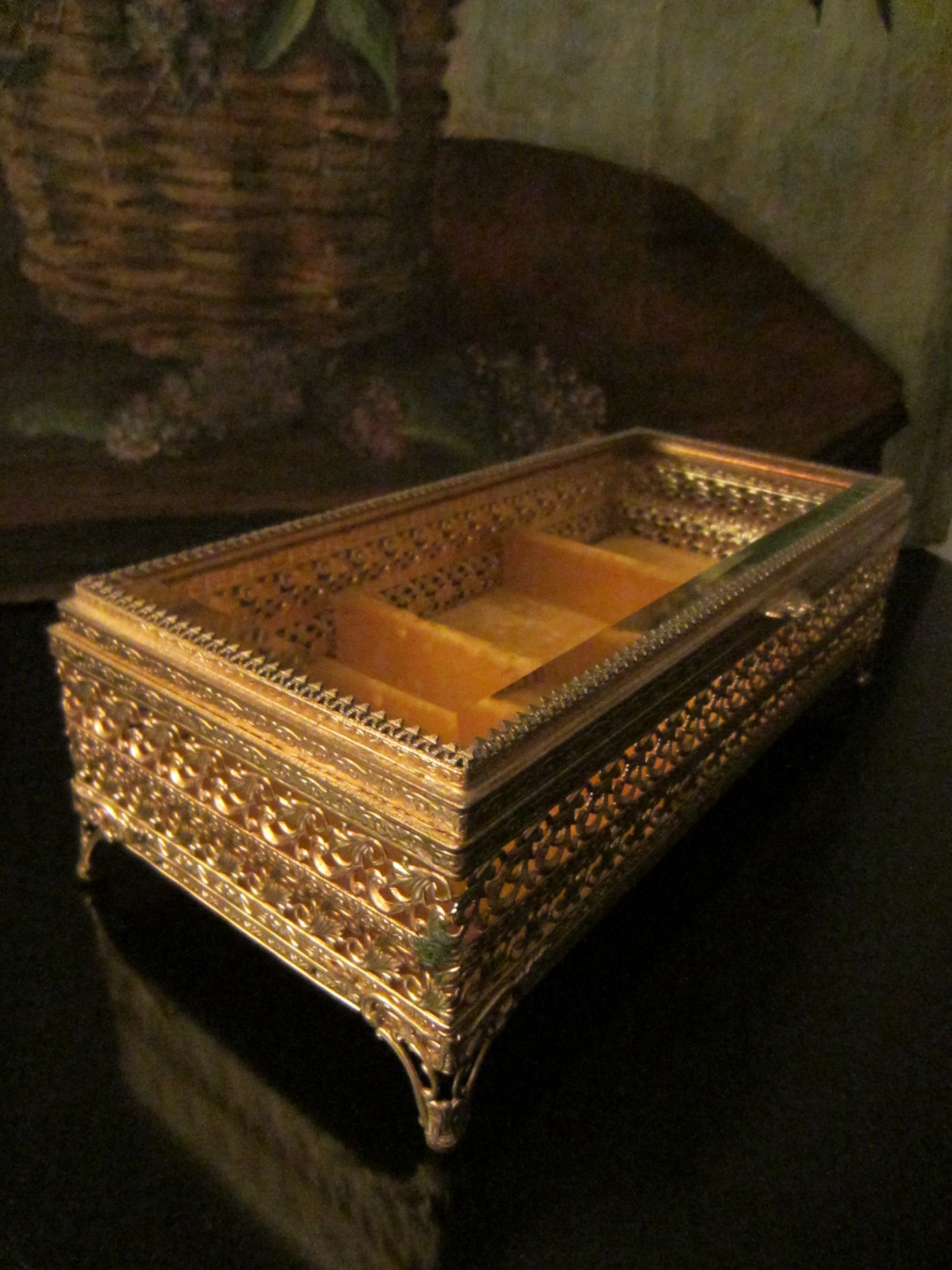 Ormolu Filigree Jewelry Box Mid Century Brass Sectional Beveled Glass - Designer Unique Finds 