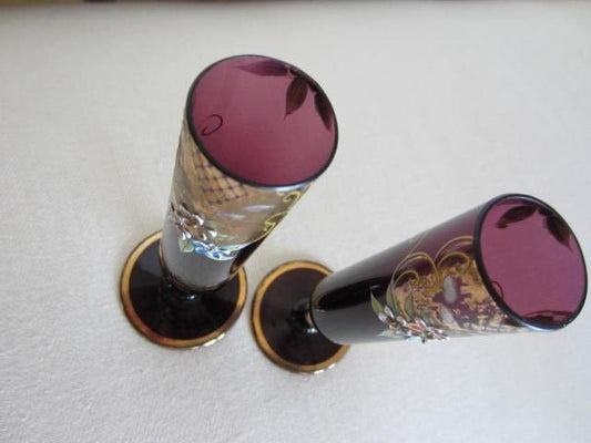 Bohemian Moser Style Stem Glass Eggplant Vases Porcelain Gold Enameling - Designer Unique Finds 
 - 6