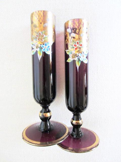 Bohemian Moser Style Stem Glass Eggplant Vases Porcelain Gold Enameling - Designer Unique Finds 
 - 3