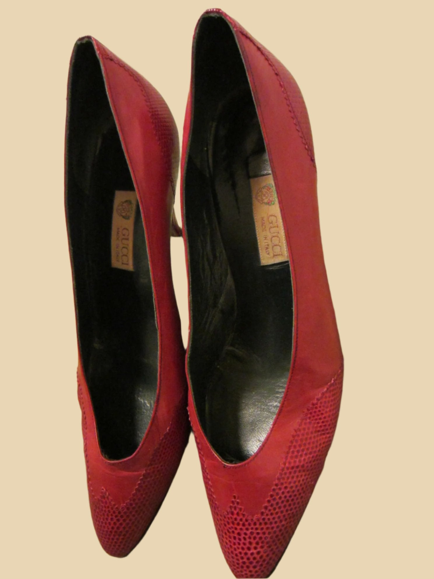 Gucci Vintage Red Leather Shoes Crocodile Accent Made in Italy - Designer Unique Finds 