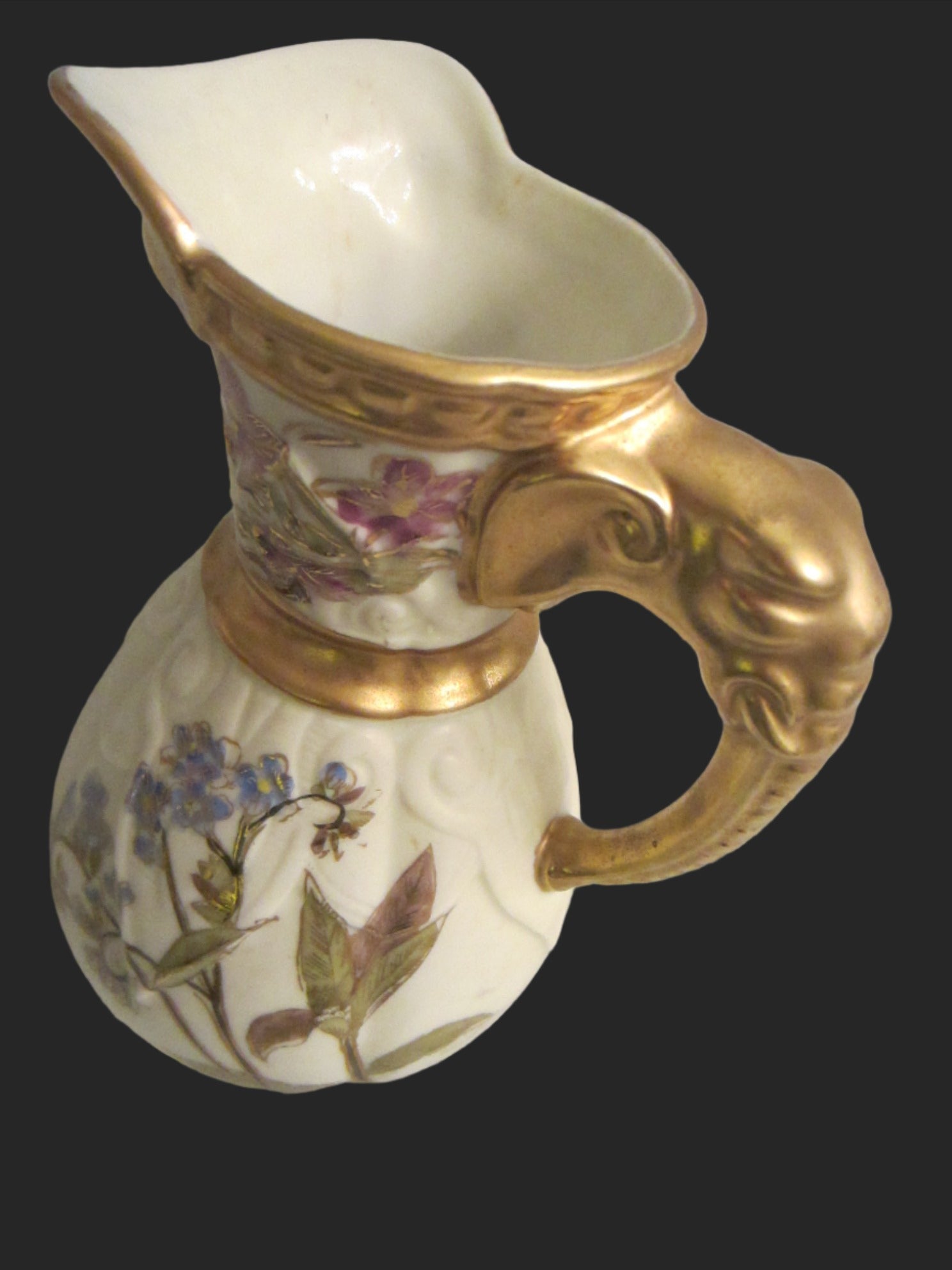 Royal Worcester Jug Porcelain Pitcher Elephant Gold Handle - Designer Unique Finds 