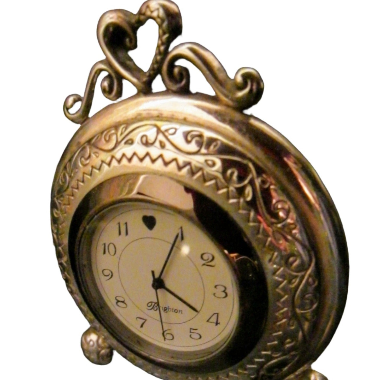 Brighton Miniature Pewter Heart Design Footed Quartz Desk Clock 