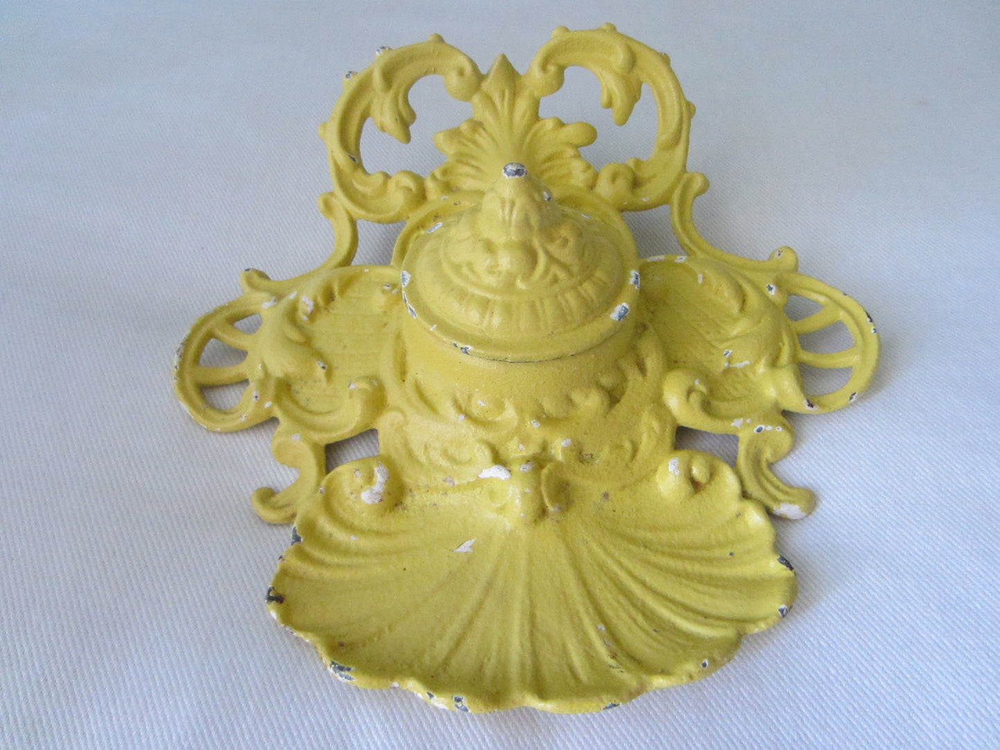 Rococo Iron Art Inkwell Tray Figurative Majolica Filigree Openwork Marked In Relief - Designer Unique Finds 
 - 4